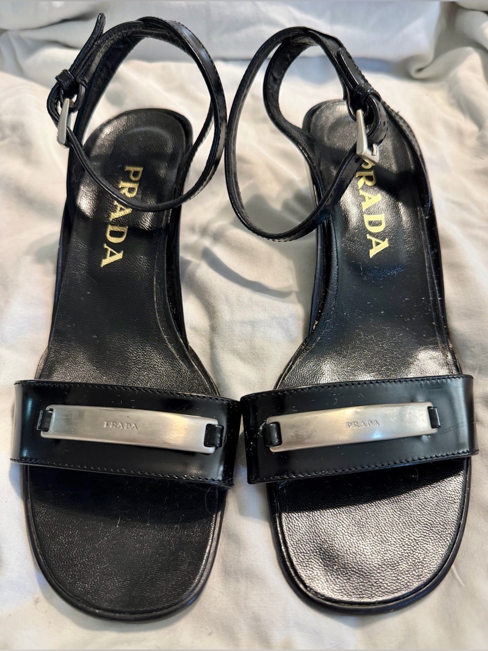 Prada Vintage Black Leather Strappy Kitten Block Heeled Sandals Womens Size 38